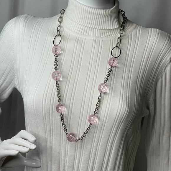 silver tone chunky chain link necklace with faceted pink resin beads jewelry - Picture 5 of 16